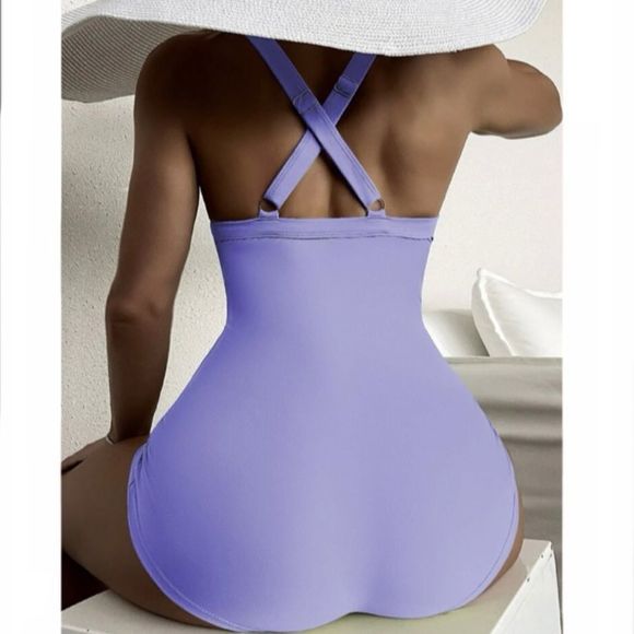 SHEIN Lilac Twist Front Push Up One Piece Ruched Swimsuit Size - Picture 4 of 10